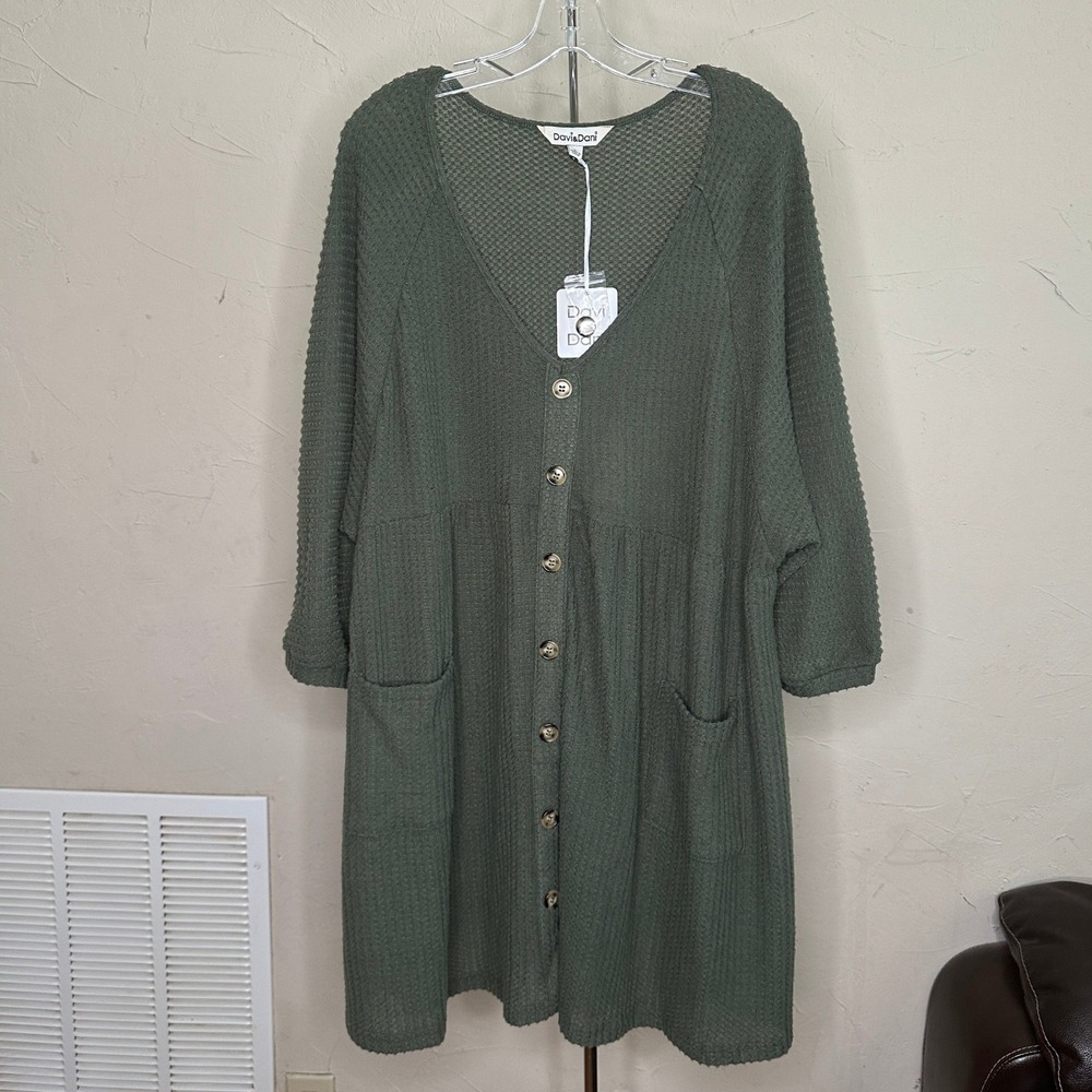 Davi & Dani All I Know Olive Green Waffle Knit Button Front Babydoll Top L New